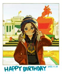 Rule 34 | 1girl, beanie, blurry, blurry background, braid, brown hair, earrings, fur trim, genghis khan, grey eyes, hand in pocket, hand up, happy birthday, hat, highres, hood, hooded sweater, jacket, jewelry, low twintails, mongolia (nanimonothing), nanimonothing, open clothes, open jacket, original, pom pom (clothes), pom pom beanie, print sweater, single earring, smile, solo, soyombo, stairs, standing, sweater, twin braids, twintails, v