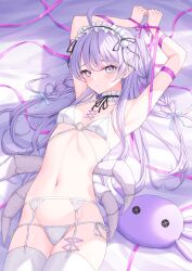 Rule 34 | 1girl, absurdres, ahoge, amiya aranha, armpits, blush, bound, bound wrists, breasts, bucko (amiya aranha), closed mouth, commentary, commission, english commentary, garter straps, highres, indie virtual youtuber, lis 111, long hair, looking at viewer, lying, maid headdress, navel, on back, panties, purple eyes, purple hair, second-party source, small breasts, solo, stomach, swept bangs, thighhighs, underwear, virtual youtuber, white garter straps, white panties, white thighhighs