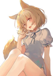 Rule 34 | 1girl, :d, animal ears, blush, breasts, brown eyes, commentary request, dress, feet out of frame, fox ears, fox shadow puppet, fox tail, hair between eyes, hand up, highres, holding, holding test tube, kita (kitairoha), knees up, kudamaki tsukasa, light brown hair, looking at viewer, medium breasts, open mouth, puffy short sleeves, puffy sleeves, short sleeves, simple background, smile, solo, tail, test tube, touhou, white background, white dress