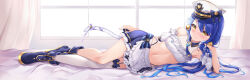 Rule 34 | 1girl, amamiya kokoro, apron, bare shoulders, bell, blue hair, blue skirt, blush, boots, cat tail, closed mouth, crop top, curtains, dakimakura (medium), frilled apron, frilled skirt, frills, full body, garter straps, hair bell, hair ornament, hat, highres, indoors, jingle bell, long hair, looking at viewer, lying, miniskirt, navel, nijisanji, on bed, on side, puffy short sleeves, puffy sleeves, short sleeves, single thighhigh, skirt, smile, solo, stomach, tail, thighhighs, very long hair, virtual youtuber, white apron, window, yellow eyes, zi yue liuli