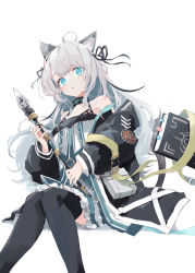 Rule 34 | 1girl, absurdres, ahoge, animal ear fluff, animal ears, arknights, bare shoulders, black jacket, black ribbon, black thighhighs, blue eyes, book, bookmark, cat ears, cat girl, dress, feet out of frame, frilled dress, frills, grey hair, hair ribbon, highres, holding, jacket, knees together feet apart, long hair, long sleeves, looking at viewer, mint (arknights), off shoulder, open clothes, open jacket, parted lips, puffy long sleeves, puffy sleeves, ribbon, sleeveless, sleeveless dress, solo, spaghetti strap, staff, tail, thighhighs, tokorinowa, very long hair, white background