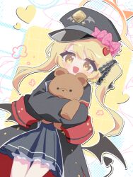 1girl anzen_robo_(474zz) black_coat black_dress black_hat black_horns black_ribbon black_tail black_wings blonde_hair bloomers blouse blue_archive bow coat cowboy_shot demon_horns demon_tail demon_wings dress hair_ribbon halo hat hat_bow heart holding holding_stuffed_toy horns hug ibuki_(blue_archive) long_hair long_sleeves looking_at_viewer low_wings open_mouth orange_halo outline peaked_cap pinafore_dress pink_bow ribbon school_uniform shirt side_ponytail sleeveless sleeveless_dress sleeves_past_wrists small_horns smile solo standing stuffed_animal stuffed_toy tail teddy_bear twitter_username underwear white_bloomers white_outline wings yellow_eyes