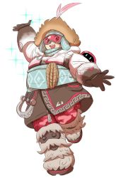 Rule 34 | 1girl, abominable mei, arm up, bad id, bad twitter id, blue scarf, boots, brown eyes, brown gloves, canister, full body, fur-trimmed boots, fur boots, fur trim, gloves, goggles, hat, jocheong, looking at viewer, mei (overwatch), official alternate costume, open mouth, overwatch, overwatch 1, rope, scarf, simple background, smile, snowball, solo, sparkle, teeth
