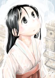 Rule 34 | 1girl, :o, black eyes, black hair, commentary request, from side, hakama, hakama skirt, hare (tetterutei), highres, japanese clothes, looking up, original, outdoors, parted lips, rain, red hakama, skirt, solo, stone lantern, wet, wet clothes