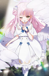 Rule 34 | 1girl, absurdres, angel wings, blue archive, blush, capelet, dress, feathered wings, fingernails, flower, hair bun, hair flower, hair ornament, halo, highres, long hair, looking at viewer, mika (blue archive), nail polish, one eye closed, open mouth, pantyhose, pink hair, pink halo, purple flower, purple nails, purple scrunchie, same jarashi, scrunchie, single side bun, solo, white capelet, white dress, white pantyhose, white wings, wings, wrist scrunchie, yellow eyes