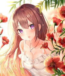 Rule 34 | 1girl, :o, absurdres, blurry, blurry background, blush, breasts, brown hair, cleavage, collarbone, commentary, day, depth of field, dress, eyes visible through hair, fingernails, flower, frilled dress, frills, hair between eyes, highres, holding, jewelry, light particles, long hair, looking at viewer, medium breasts, nail polish, necklace, off-shoulder dress, off shoulder, open mouth, original, outdoors, plant, purple eyes, red flower, refile, sidelocks, sleeveless, solo, symbol-only commentary, upper body, white dress