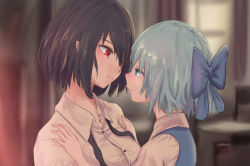 Rule 34 | 2girls, black hair, black neckwear, blue bow, blue eyes, blue hair, blurry, blurry foreground, blush, bow, cirno, closed mouth, collared shirt, depth of field, dress shirt, eye contact, from side, hair bow, hands on another&#039;s shoulders, head tilt, indoors, looking at another, multiple girls, neck ribbon, necktie, pointy ears, profile, red eyes, roke (taikodon), shameimaru aya, shirt, short hair, smile, touhou, undone neck ribbon, undone necktie, upper body, white shirt, window, wing collar, yuri
