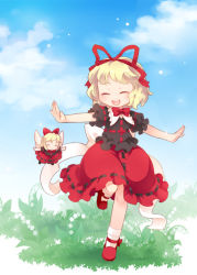 Rule 34 | 1girl, blonde hair, bow, bubble skirt, day, female focus, flower, full body, hair bow, juuno (nekoda), lily of the valley, medicine melancholy, outdoors, outstretched arms, short hair, skirt, solo, spread arms, standing, standing on one leg, su-san, touhou