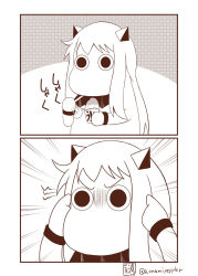 Rule 34 | (o) (o), 10s, 2koma, abyssal ship, brain freeze, comic, commentary request, eating, emphasis lines, food, highres, holding, horns, kantai collection, mittens, monochrome, moomin, moomintroll, muppo, no humans, northern ocean princess, sazanami konami, shaved ice, translated