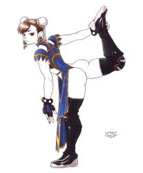 Rule 34 | 1girl, ass, bad id, bad pixiv id, boots, bracelet, brown hair, bun cover, capcom, cerebro podrido, chinese clothes, chun-li, double bun, earrings, fingerless gloves, flexible, full body, gloves, hair bun, highres, jewelry, leg lift, limited palette, looking at viewer, official alternate costume, simple background, solo, spiked bracelet, spikes, strap, street fighter, stretching, thigh boots, thighhighs, wedgie