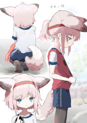 Rule 34 | 1girl, ahoge, animal ears, arknights, black pantyhose, blue eyes, blue shorts, blush, closed mouth, collarbone, commentary request, facing away, fox ears, fox girl, fox tail, gym shirt, gym shorts, gym uniform, hand up, headband, highres, holding, multiple views, pantyhose, pantyhose under shorts, pink hair, ponytail, profile, red headband, shirt, shoe soles, shoes, short sleeves, shorts, smile, sussurro (arknights), tail, translation request, unitedunti, white footwear, white shirt