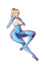Rule 34 | 1girl, absurdres, blonde hair, blue eyes, bodysuit, breasts, breasts out, covered navel, full body, highres, large breasts, lm (legoman), long hair, looking at viewer, metroid, nintendo, nipples, open clothes, parted lips, ponytail, samus aran, sitting, skin tight, solo, tagme, zero suit