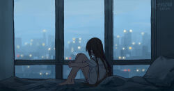 Rule 34 | 1girl, artist name, bare legs, barefoot, bed sheet, brown hair, building, catzz, city lights, cityscape, commentary request, dated, facing away, from side, hugging own legs, indoors, knees to chest, legs together, long hair, no pants, on bed, original, pillow, shirt, short sleeves, sidelocks, silhouette, sitting, slouching, solo, straight hair, white shirt