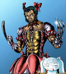 Rule 34 | 1boy, bad id, bad pixiv id, black hair, blood, blood from mouth, chest hair, claws, clenched teeth, cosplay, crossdressing, crossover, gloves, grin, hairy, haruma1192, kaname madoka, kaname madoka (cosplay), kyubey, magical girl, mahou shoujo madoka magica, mahou shoujo madoka magica (anime), marvel, muscular, no pupils, scared, smile, sweat, teeth, veins, what, wolverine (x-men), x-men