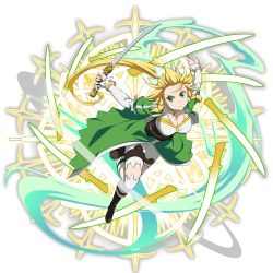 Rule 34 | 1girl, black footwear, blonde hair, boots, bracelet, breasts, cape, cleavage, corset, floating hair, full body, green cape, green eyes, highres, holding, holding sword, holding weapon, jewelry, large breasts, leafa, long hair, looking at viewer, ponytail, shorts, simple background, solo, sword, sword art online, thighhighs, very long hair, waist cape, weapon, white background, white shorts, white thighhighs