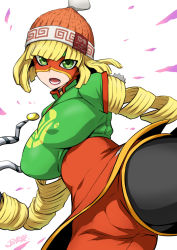 Rule 34 | 1girl, arms (game), artist name, beanie, black pantyhose, blonde hair, breasts, cameltoe, covered erect nipples, green eyes, hat, joy ride, looking at viewer, mask, medium breasts, min min (arms), open mouth, pantyhose, short hair, signature, simple background, solo, white background
