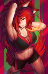 Rule 34 | 1girl, abs, absurdres, animal ears, arm behind head, arm up, armpits, bare shoulders, biceps, breasts, cleavage, cross, cross necklace, highres, jewelry, large breasts, long hair, looking at viewer, muscular, muscular female, navel, necklace, numanoan, official alternate costume, red hair, see-through, see-through cleavage, solo, sports bra, thick thighs, thighs, virtual youtuber, vshojo, wolf ears, yellow eyes, zentreya