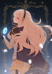 Rule 34 | 1girl, armor, black hairband, black thighhighs, blue cape, cape, corrin (female) (fire emblem), corrin (fire emblem), dragonstone, english text, falling petals, fffera, fire emblem, fire emblem fates, floating, floating object, gradient background, grey hair, hairband, highres, long hair, looking at viewer, looking back, night, night sky, nintendo, petals, pointy ears, red eyes, sky, solo, star (sky), starry sky, stone, thighhighs