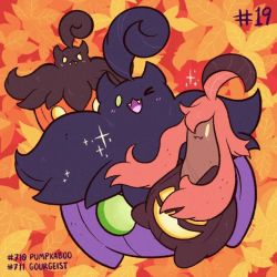 Rule 34 | alternate color, autumn leaves, character name, commentary, creature, creatures (company), english commentary, fangs, game freak, gen 6 pokemon, gourgeist, nintendo, no humans, one eye closed, pokedex number, pokemon, pokemon (creature), pumpkaboo, shiny pokemon, tonestarr