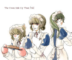 Rule 34 | 10s, 3girls, brown eyes, brown hair, clipboard, english text, engrish text, closed eyes, food, freckles, glasses, gloves, green hair, koko pellina, looking back, maid, maid-chou (maoyuu), maid ane (maoyuu), maid headdress, maid imouto (maoyuu), maoyuu maou yuusha, multiple girls, oven mitts, pandayagi, paper, pie, plate, ranguage, red eyes, siblings, sisters, smile, twintails