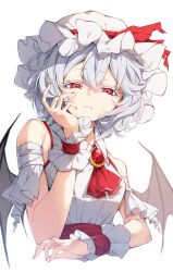 Rule 34 | 1girl, ascot, bat wings, blue hair, bow, breasts, brooch, colored eyelashes, darjeeling (reley), dress, frilled shirt, frilled shirt collar, frills, hat, hat ribbon, highres, jewelry, mob cap, red bow, red eyes, red ribbon, remilia scarlet, ribbon, ribbon trim, shirt, short hair, silver hair, simple background, sleeveless, small breasts, touhou, white background, white dress, wings, wrist cuffs