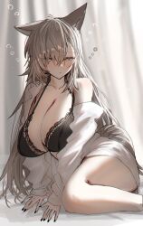 Rule 34 | 1girl, animal ears, arknights, bare legs, black bra, black nails, bra, breasts, cleavage, commentary request, curtains, grey hair, highres, horn/wood, long hair, long sleeves, looking at viewer, nail polish, penance (arknights), shirt, single bare shoulder, sitting, solo, tail, thighs, underwear, very long hair, white shirt, wolf ears, wolf tail, yellow eyes