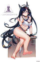 Rule 34 | 1girl, absurdres, animal ear fluff, animal ears, arknights, barefoot, belt, bikini, blaze (arknights), blue hair, book, box, cat ears, cat girl, cat tail, feet, gloves, hairband, hand in own hair, highres, jewelry, long hair, looking at viewer, multiple straps, necklace, ninai, panties, panty pull, penguin logistics logo, red hairband, rhodes island logo (arknights), simple background, soles, swimsuit, tail, tank top, thighs, toes, underwear, white background, white panties