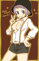 Rule 34 | !, 1girl, blue eyes, border, breasts, brown background, carina (one piece), cleavage, copyright name, earrings, hand on own hip, happy, hat, jewelry, looking at viewer, no bra, one piece, one piece film: gold, open clothes, open shirt, outline, purple eyes, purple hair, shirt, shorts, simple background, smile, solo, sparkle, suspenders, v, yukke