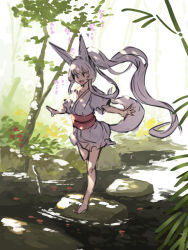 Rule 34 | 1girl, :d, animal ear fluff, animal ears, barefoot, commentary request, day, flower, fox ears, fox girl, fox tail, full body, grey hair, japanese clothes, kimono, long hair, looking away, obi, open mouth, original, outdoors, outstretched arms, pink flower, ponytail, red flower, river, sash, short sleeves, smile, solo, standing, standing on one leg, tail, tree, very long hair, water, white kimono, wide sleeves, yellow flower, yuuji (yukimimi)