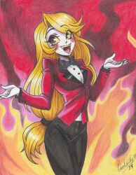 Rule 34 | 1girl, 2019, arms up, black bow, black bowtie, black nails, black pants, blonde hair, blush, bow, bowtie, charlie morningstar, colored skin, demon girl, fire, formal, hazbin hotel, highres, long hair, open mouth, pale skin, pants, ponytail, ravernclouk design, red background, red suit, suit, teeth, traditional media, white skin