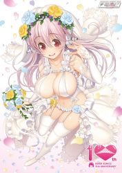 Rule 34 | 1girl, bare shoulders, blush, bouquet, breasts, bridal gauntlets, bridal veil, cleavage, elbow gloves, fingerless gloves, flower, gloves, hair flower, hair ornament, hairband, headphones, jewelry, large breasts, long hair, looking at viewer, navel, nitroplus, open mouth, pink hair, red eyes, ring, rose, smile, solo, standing, standing on one leg, super sonico, thighhighs, tsuji santa, veil, white gloves