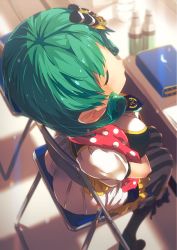 Rule 34 | 10s, 1girl, ass, bad id, bad pixiv id, black footwear, blurry, blush, boots, bottle, breast hold, breasts, buttons, chair, closed eyes, curly hair, depth of field, desk, dress shirt, folding chair, foreshortening, from side, full body, green hair, hair ornament, hairpin, highres, idolmaster, idolmaster million live!, indoors, knee boots, lens flare, light rays, narumi arata, pants, parfait noir (idolmaster), pencil case, pleated skirt, polka dot, polka dot scarf, puffy short sleeves, puffy sleeves, sailor collar, scarf, shadow, shirt, short hair, short sleeves, sitting, skirt, sleeping, sleeping upright, solo, star (symbol), striped clothes, striped pants, sunlight, tokugawa matsuri, vest, white skirt