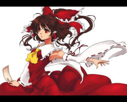 Rule 34 | 1girl, bad id, bad pixiv id, bow, brown hair, detached sleeves, female focus, hair bow, hakurei reimu, jako (toyprn), letterboxed, red eyes, short hair, simple background, solo, striped, striped background, touhou