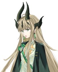 Rule 34 | 1girl, :d, arknights, black jacket, blonde hair, chinese commentary, commentary request, dragon horns, earrings, green eyes, highres, horns, jacket, jewelry, jiaruaner, long hair, looking at viewer, official alternate costume, open mouth, reed (arknights), reed (emerald holiday) (arknights), shirt, simple background, smile, solo, upper body, very long hair, white background, white shirt