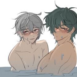 2boys abs blush ch8lde_420 closed_mouth green_hair grey_hair highres lighter_(zenless_zone_zero) male_focus multiple_boys nude open_mouth pool simple_background white_background wise_(zenless_zone_zero) yaoi zenless_zone_zero