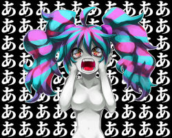 Rule 34 | 1girl, ahoge, bad id, bad pixiv id, blue hair, breasts, hatsune miku, medium breasts, multicolored hair, navel, no nipples, nude, open mouth, purple hair, screaming, solo, touhi-teki doukeshi (vocaloid), twintails, two-tone hair, vocaloid, zakki