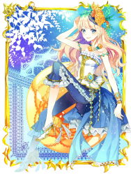 Rule 34 | 1girl, bad id, bad pixiv id, blonde hair, blue eyes, blush, bracelet, brooch, chatanuki, flower, hair flower, hair ornament, high heels, jewelry, long hair, lots of jewelry, necklace, orangina, original, pants, personification, ribbon, shoes, skirt, smile, solo