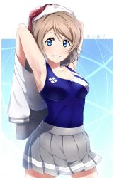 Rule 34 | 10s, 1girl, absurdres, armpits, arms behind head, arms up, blue eyes, blue one-piece swimsuit, blush, breasts, brown hair, competition swimsuit, grey hair, grin, highres, looking at viewer, love live!, love live! sunshine!!, one-piece swimsuit, school uniform, serafuku, shiimai, short hair, sideboob, skirt, smile, solo, standing, swimsuit, swimsuit under clothes, undressing, watanabe you