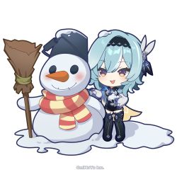 Rule 34 | 1girl, black hairband, black thighhighs, blue hair, blue necktie, boots, chibi, eula (genshin impact), genshin impact, hairband, light blue hair, multicolored eyes, necktie, official art, scarf, short hair, smile, snow on head, snowman, thigh boots, thighhighs, thighhighs under boots, yellow eyes