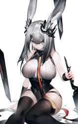Rule 34 | 1girl, absurdres, animal ears, arknights, bare shoulders, black thighhighs, breasts, choker, cosplay, floating, floating object, floating weapon, frostnova (arknights), greythroat (arknights), greythroat (arknights) (cosplay), hair ornament, hairclip, highres, holding, holding weapon, large breasts, leotard, long hair, looking at viewer, rabbit ears, scar, scar on face, scar on nose, silver hair, sitting, solo, tearing up, thighhighs, weapon, yushe quetzalli