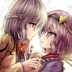 Rule 34 | 2girls, bow, bowtie, braid, brown jacket, face-to-face, frilled sleeves, frills, from side, hairband, holding hands, hand on another&#039;s cheek, hand on another&#039;s face, heart, interlocked fingers, jacket, kishin sagume, komeiji satori, light, long sleeves, looking at another, medium hair, multiple girls, open clothes, open jacket, pink eyes, pink hair, red eyes, red neckwear, silver hair, touhou, upper body, y2, yuri