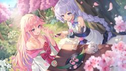 Rule 34 | 2girls, alternate hairstyle, bare shoulders, black sleeves, blue eyes, braid, breasts, cleavage, commentary, couple, cup, day, english commentary, falling petals, flower, food, grass, greenapple, hair down, highres, holding, holding food, honkai (series), honkai impact 3rd, implied yuri, japanese clothes, kallen kaslana, long hair, looking at food, medium breasts, multiple girls, open mouth, outdoors, petals, pink flower, pink hair, ponytail, purple eyes, second-party source, sitting, sky, table, teacup, teapot, tree, white flower, white hair, white sleeves, yae sakura