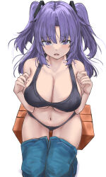Rule 34 | 1girl, absurdres, bikini, black bikini, blue archive, breasts, cleavage, commentary request, hands up, highres, large breasts, long hair, looking at viewer, navel, nuo (fttv3255), open mouth, purple eyes, purple hair, simple background, sitting, solo, swimsuit, twintails, white background, yuuka (blue archive)