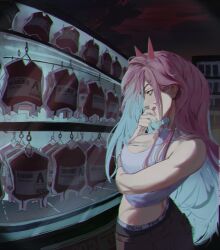 Rule 34 | 1girl, blood, blood bag, chainsaw man, cleavage cutout, clothing cutout, commentary, crop top, demon girl, demon horns, english commentary, fingernails, fisheye, highres, horns, jewelry, licking lips, long hair, necklace, night, pearl necklace, pink hair, power (chainsaw man), sharp fingernails, sleepukittu, tongue, tongue out, vending machine, wavy hair, yellow eyes