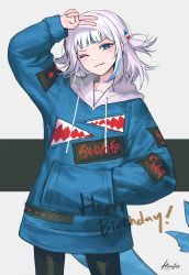 Rule 34 | 1girl, absurdres, arm up, blue eyes, blue hair, blue hoodie, blush, closed mouth, cowboy shot, drawstring, fins, fish tail, gawr gura, hair ornament, hand in pocket, handot (d yot ), happy birthday, highres, hololive, hololive english, hood, hoodie, long hair, long sleeves, looking at viewer, multicolored hair, one eye closed, shark tail, solo, standing, streaked hair, tail, two side up, v, virtual youtuber, white hair