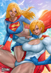 Rule 34 | 2girls, bird, blonde hair, blue eyes, blue gloves, blue skirt, breasts, cape, cleavage, cleavage cutout, clothing cutout, cowboy shot, crop top, dc comics, gloves, hair between eyes, hand on own hip, hibren, highres, large breasts, leotard, long hair, long sleeves, midriff, multiple girls, pleated skirt, power girl, red cape, short hair, signature, skirt, supergirl, superman (series), white bird, white leotard