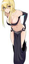 Rule 34 | 1girl, bandeau, black bandeau, black gloves, blonde hair, blush, breasts, cleavage, closed mouth, doko tetora, elbow gloves, gloves, hair between eyes, hiama (doko tetora), large breasts, looking at viewer, navel, original, pelvic curtain, simple background, solo, standing, strapless, tube top, white background, yellow eyes