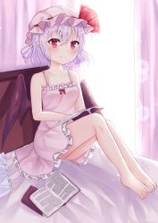 Rule 34 | 1girl, alternate costume, bad id, bad pixiv id, bare arms, bare legs, barefoot, bat wings, bed, blush, book, breasts, camisole, commentary request, curtains, day, full body, hat, hat ribbon, headboard, highres, indoors, light blush, light purple hair, looking at viewer, mob cap, nibosi, on bed, open book, petticoat, pillow, pink camisole, pink hat, pointy ears, red eyes, remilia scarlet, ribbon, short hair, sitting, small breasts, smile, solo, touhou, window, wings