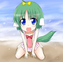 Rule 34 | 10s, 1girl, animal ears, bare shoulders, barefoot, blue eyes, blush, braid, child, dog days, dog ears, eclair martinozzi, female focus, green hair, happy, looking at viewer, open mouth, ribbon, skirt, swimsuit, tail