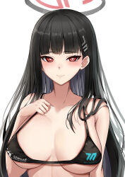 Rule 34 | 1girl, absurdres, bikini, black bikini, black hair, blue archive, blunt bangs, blush, breasts, bright pupils, english text, hair ornament, hairclip, halo, highres, kuromiz, large breasts, long hair, looking at viewer, micro bikini, red eyes, rio (blue archive), solo, swimsuit, white background